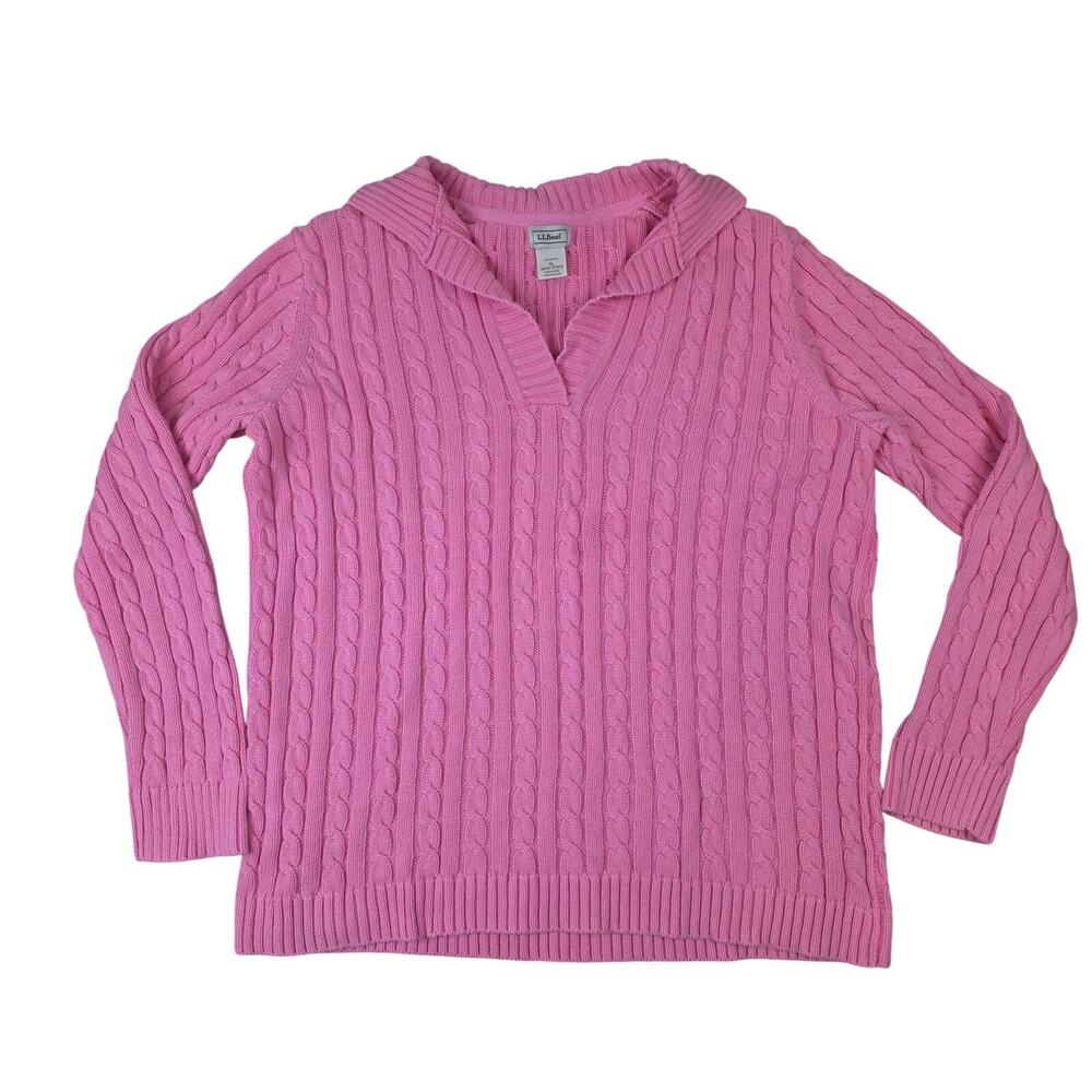 LL Bean Bright Pink Heritage Cable-Knit Fisherman Sweater Women XL Cotton